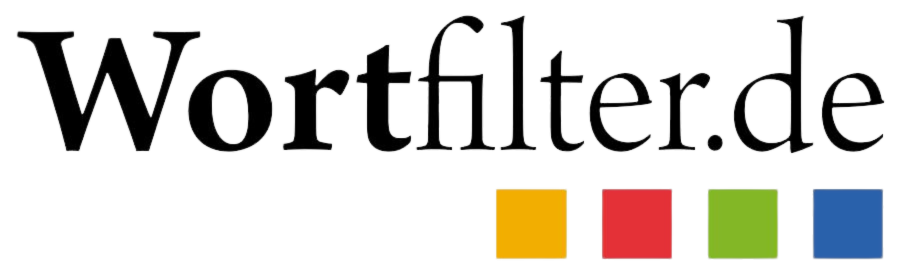 Logo von Wortfilter.de mit stilisierter Schrift und vier farbigen Quadraten in Gelb, Rot, Grün, Blau.