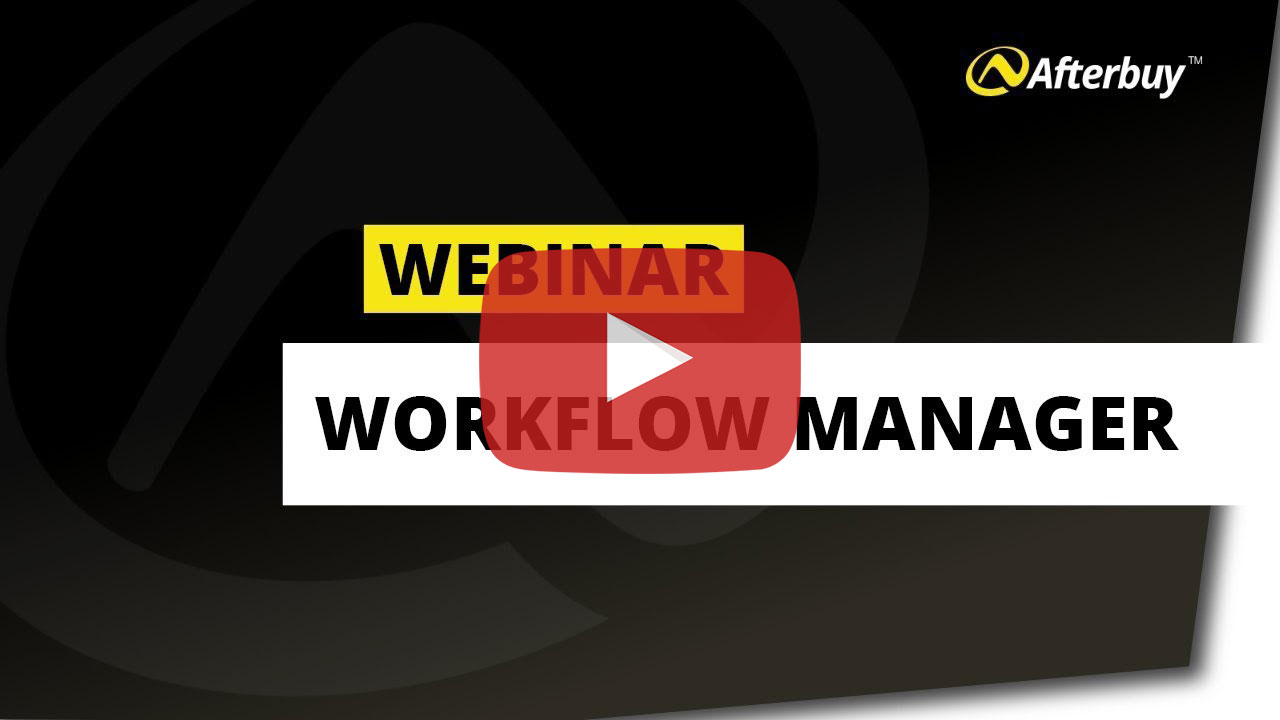 Webinar-Video-Miniaturbild zum Workflow Manager von Afterbuy mit Play-Symbol und Logo.